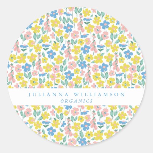 Cute Blue and Yellow Ditsy Floral Modern  Classic Round Sticker