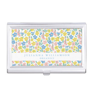 Cute Blue and Yellow Ditsy Floral Modern Custom Business Card Case