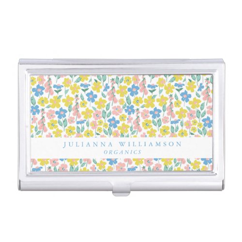 Cute Blue and Yellow Ditsy Floral Modern Custom Business Card Case