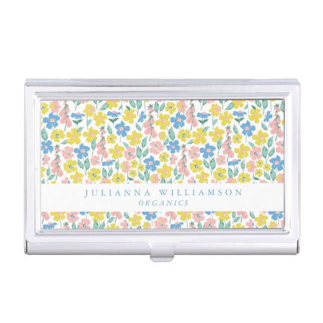 Cute Blue and Yellow Ditsy Floral Modern Custom Business Card Case (Front)