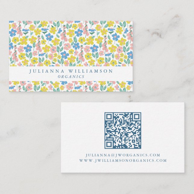 Cute Blue and Yellow Ditsy Floral Modern QR Code Business Card (Front/Back)
