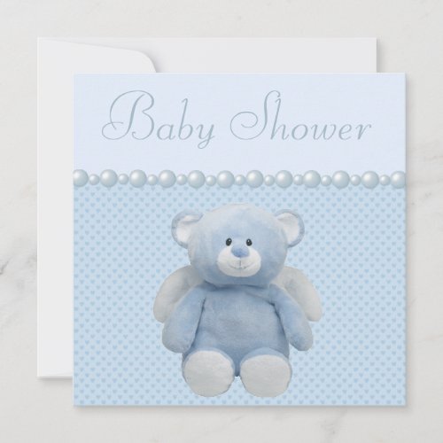 Cute Blue Angel Teddy Bear Baby Boy Shower Invitation