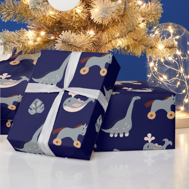Cute Blue Animal Dino Leaf Kids Wrapping Paper (Holidays)