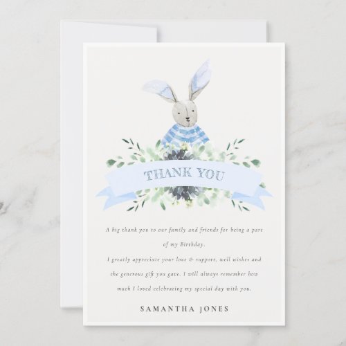 Cute Blue Aqua Bunny Foliage Any Age Birthday Thank You Card