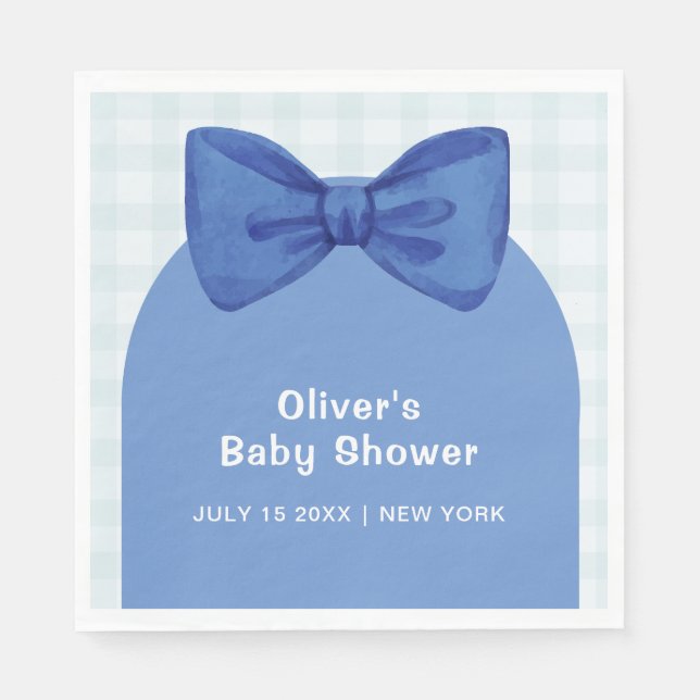 Cute Blue Arch Gingham Plaid Bow Boy Baby Shower  Napkins (Front)
