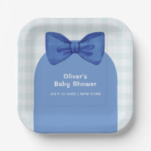 Cute Blue Arch Gingham Plaid Bow Boy Baby Shower  Paper Plates