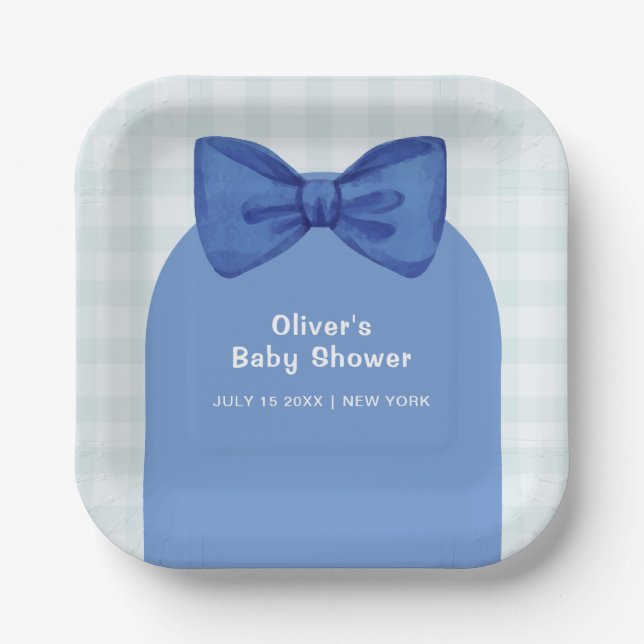 Cute Blue Arch Gingham Plaid Bow Boy Baby Shower  Paper Plates (Front)
