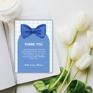 Cute Blue Arch Gingham Plaid Bow Boy Baby Shower  Thank You Card