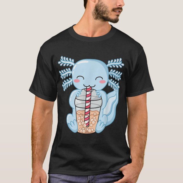Cute Blue Axolotl Bubble Tea Kawaii Anime Aestheti T-Shirt (Front)