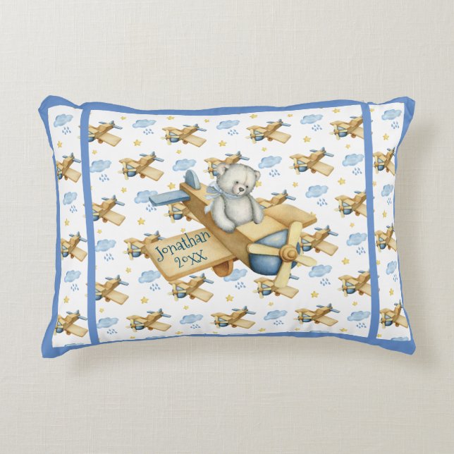 Cute Blue Baby Bear Boy Airplane Nursery Decor Accent Pillow (Front)