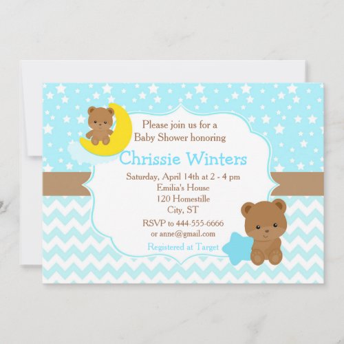 Cute Blue Baby Bear with Star Baby Shower Invitation