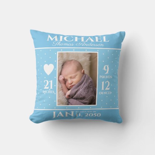 Cute Blue Baby Birth Stats Keepsake Nursery Throw Pillow
