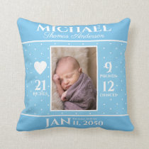 Cute Blue Baby Birth Stats Keepsake Nursery Throw Pillow