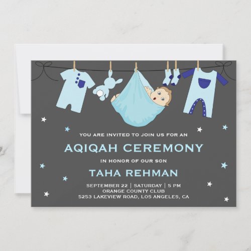 Cute Blue Baby Boy Aqiqah Invitation