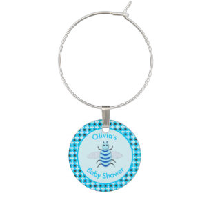 Cute Blue Baby Boy Bee Baby Shower Custom Wine Charm