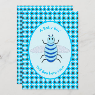 Cute Blue Baby Boy Bee Custom Baby Shower Invitation
