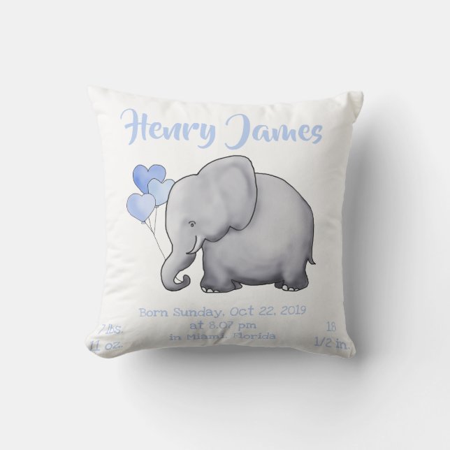 Cute Blue Baby Boy Birth Stats Elephant Nursery Throw Pillow (Front)