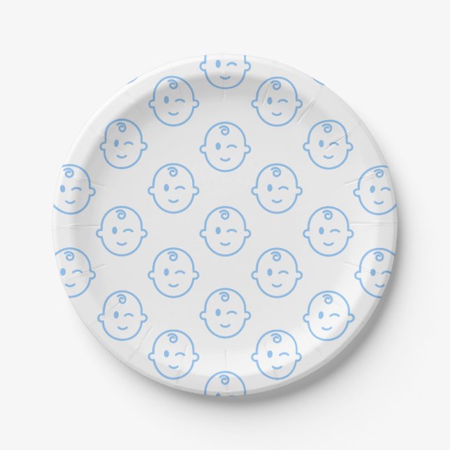 Cute Blue Baby Boy Birthday Patterned Paper Plates (Front)