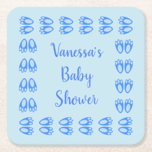 Cute Blue Baby Boy Bunny Feet Easter Baby Shower Square Paper Coaster