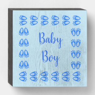 Cute Blue Baby Boy Bunny Feet Easter Baby Shower Wooden Box Sign