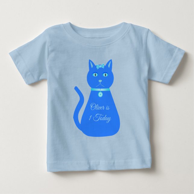 Cute Blue Baby Boy Cat Custom 1st Birthday Baby T-Shirt (Front)