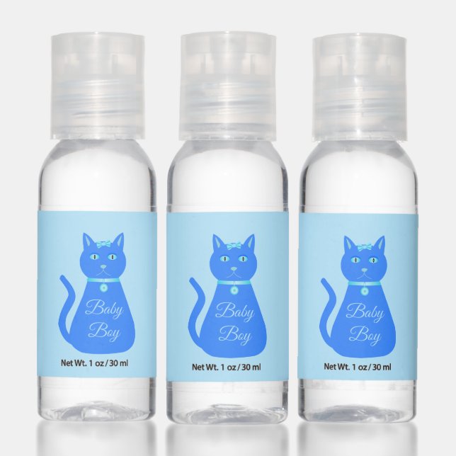 Cute Blue Baby Boy Cat Custom Baby Shower Hand Sanitizer (Set)