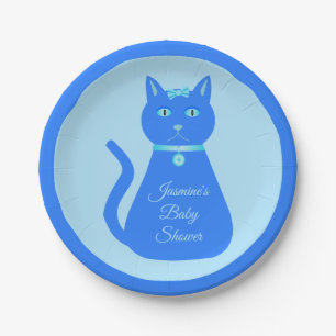 Cute Blue Baby Boy Cat Custom Baby Shower Paper Plates