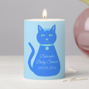 Cute Blue Baby Boy Cat Custom Baby Shower Pillar Candle