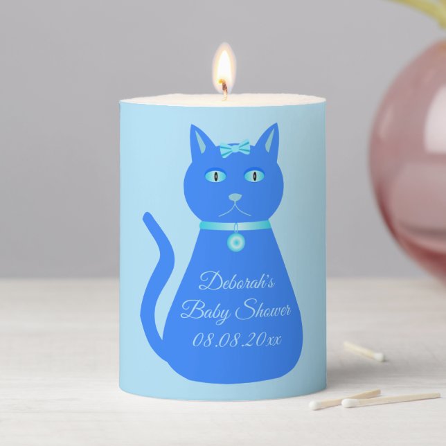 Cute Blue Baby Boy Cat Custom Baby Shower Pillar Candle (In Situ)