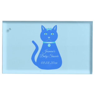 Cute Blue Baby Boy Cat Custom Baby Shower Place Card Holder
