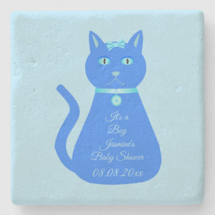 Cute Blue Baby Boy Cat Custom Baby Shower Stone Coaster