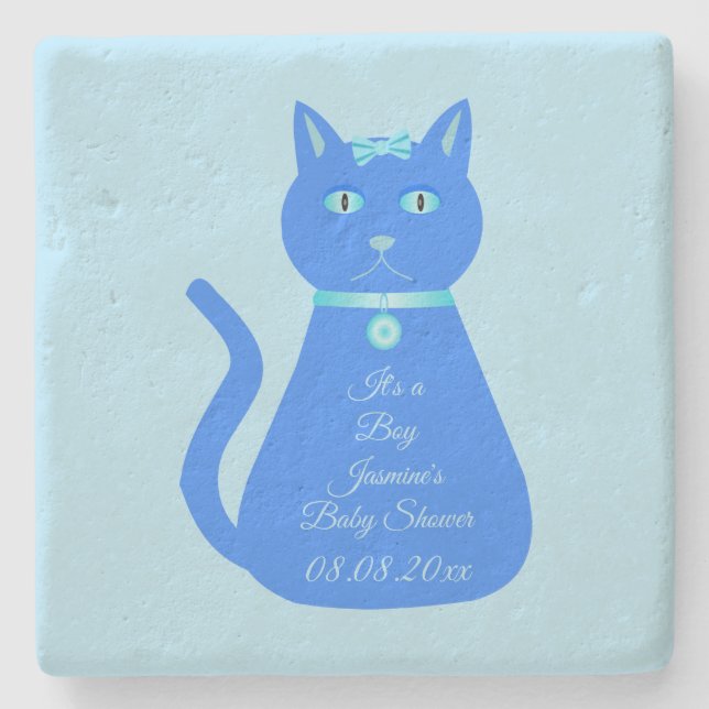 Cute Blue Baby Boy Cat Custom Baby Shower Stone Coaster (Front)