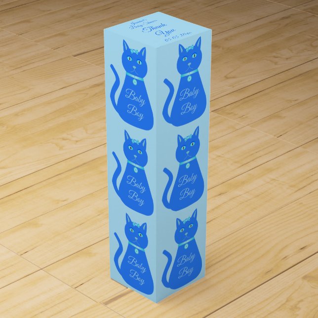 Cute Blue Baby Boy Cat Custom Baby Shower Wine Box (Front)