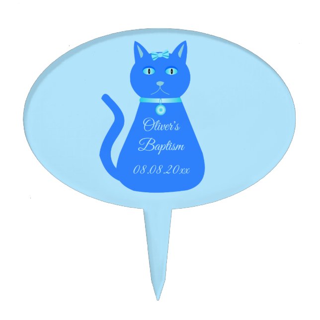 Cute Blue Baby Boy Cat Custom Baptism Cake Topper (Front)
