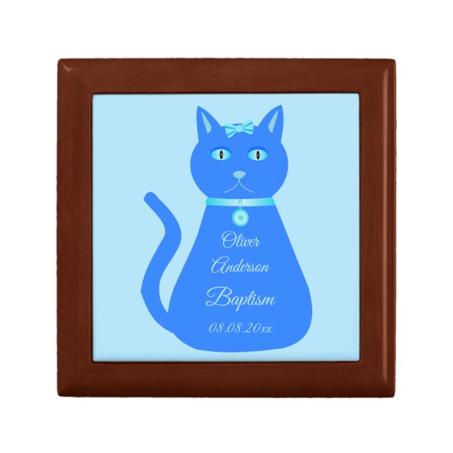 Cute Blue Baby Boy Cat Custom Baptism Gift Box (Front)