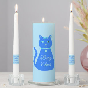 Cute Blue Baby Boy Cat Custom Baptism Unity Candle Set