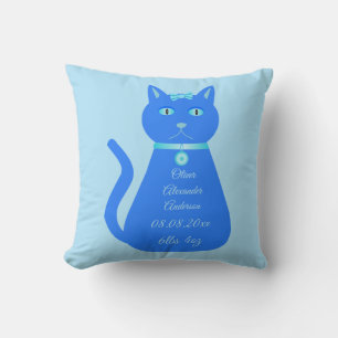 Cute Blue Baby Boy Cat Custom Birth Announcement Throw Pillow