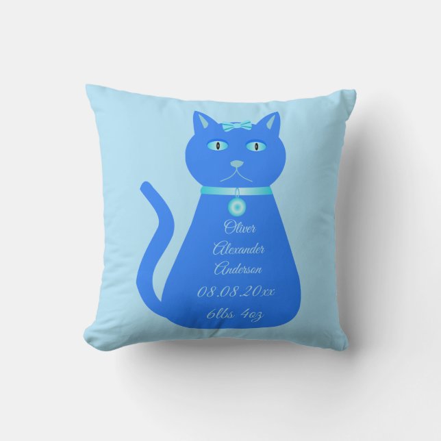 Cute Blue Baby Boy Cat Custom Birth Announcement Throw Pillow (Front)