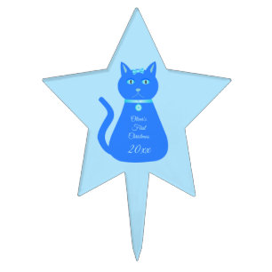 Cute Blue Baby Boy Cat Custom First Christmas Cake Topper
