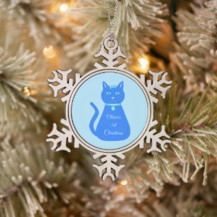 Cute Blue Baby Boy Cat Custom First Christmas Snowflake Pewter Christmas Ornament