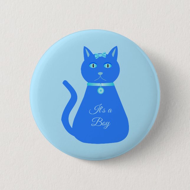 Cute Blue Baby Boy Cat Custom Gender Reveal Button (Front)