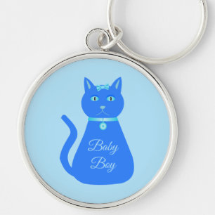 Cute Blue Baby Boy Cat Custom Gender Reveal Keychain