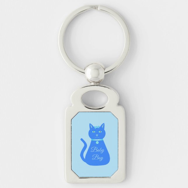 Cute Blue Baby Boy Cat Custom Gender Reveal Keychain (Front)