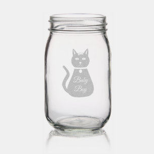 Cute Blue Baby Boy Cat Custom Gender Reveal Mason Jar