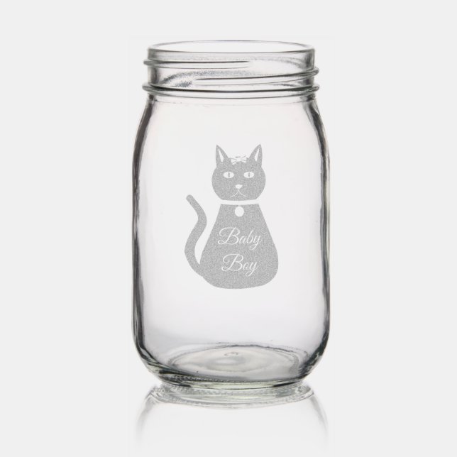 Cute Blue Baby Boy Cat Custom Gender Reveal Mason Jar (Glassware)