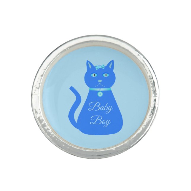 Cute Blue Baby Boy Cat Custom Gender Reveal Ring (Front)