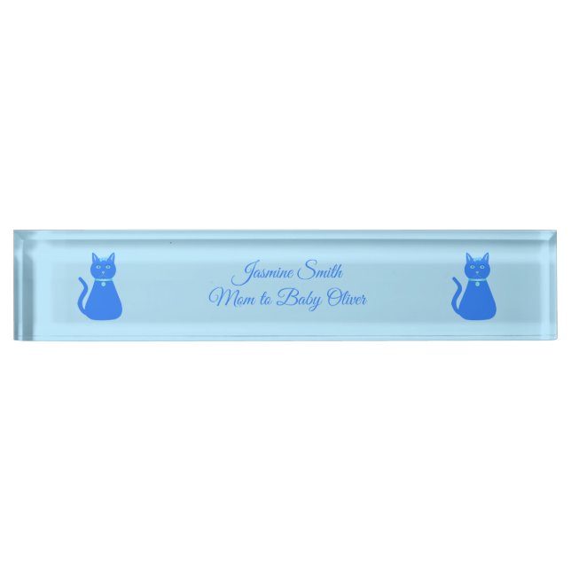 Cute Blue Baby Boy Cat Custom New Mom Desk Name Plate (Front)