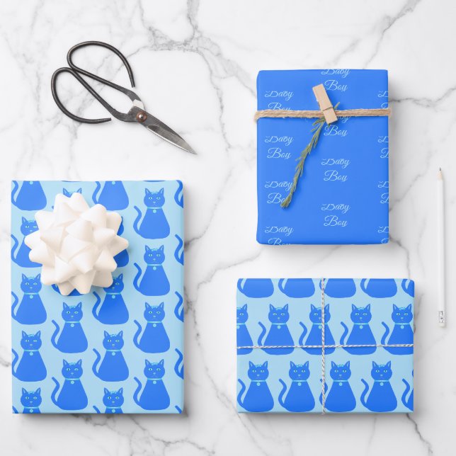 Cute Blue Baby Boy Cat Custom Patterned Wrapping Paper Sheets (Front)