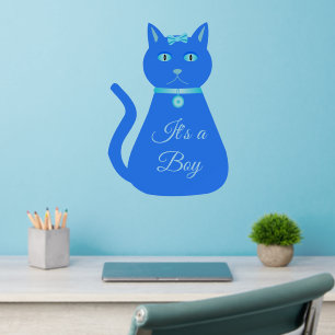 Cute Blue Baby Boy Cat Custom Shaped Nursery Wall Decal