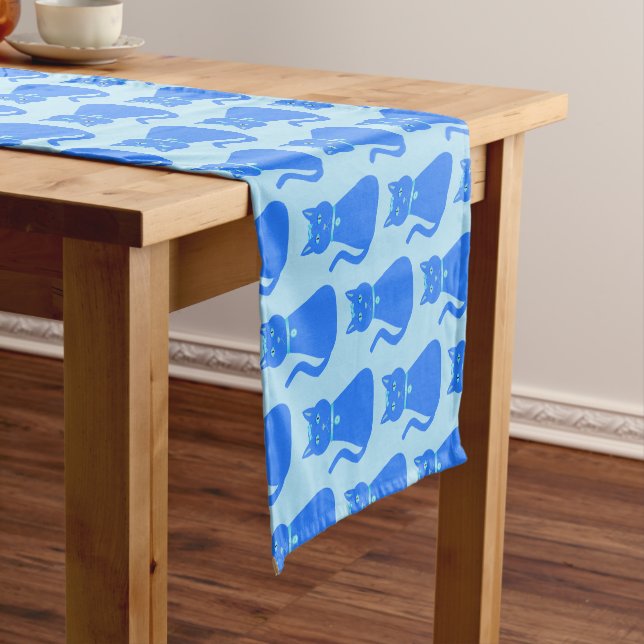Cute Blue Baby Boy Cat Patterned Baby Shower Short Table Runner (In Situ)